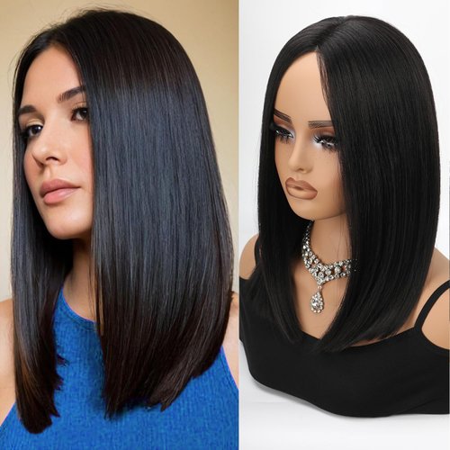 XC CLOUDS Black Bob Wigs Glueless Straight Wigs For Women Synthetic Heat Resistant Fiber Hair long bob wig Middle Part Natural Bob Wigs medium length wigs for women 14inch(Black)