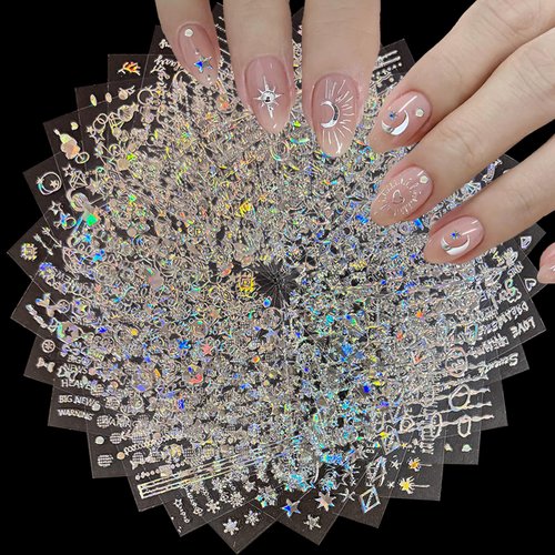 30 Sheets Silver Nail Art Stickers Aurora Silver Star Moon Nail Decals 3D Self-Adhesive Holograph...