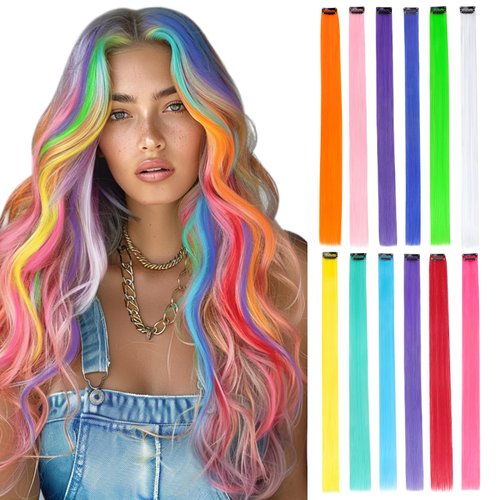DOORES 12 Pcs Colored Hair Extensions, 22 Inch Hot Pink Hair Extensions Clip in Synthetic Hair Party Highlights Hair Pieces for Women Fashion Scene Hair Extensions Gift for Women Kids Girls (Hot Pink)