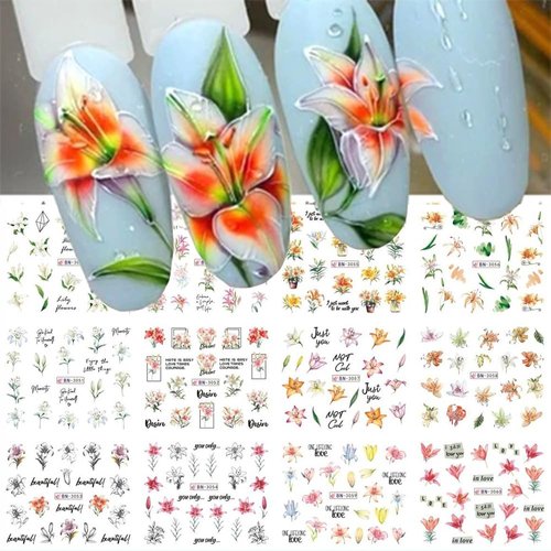 Colorful Flower Nail Art Stickers Water Transfer Embossed Self-Adhesive Small Daisy Nail Decals Spring Nail Art Supplies Lily Flower Nail Design Flower Nail Stickers for Women Nail Decoration 12Sheets