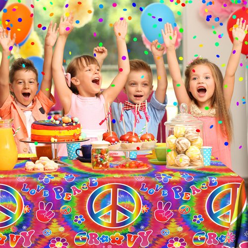 Tie Dye Birthday Party Supplies, 60's Hippie Theme Tablecloth 3Pcs Groovy Hippie Table Cover Peace Love tie dye Table Cloths for Parties