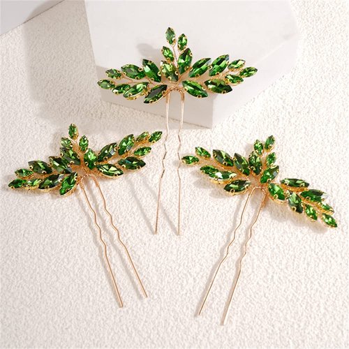 Kercisbeauty 3pcs Emerald Crystal Gold Hair Piece Set Green Rhinestones Hair Pins for Wedding Brides Bridesmaid Women Girls Speical Occasion Jewelry for Updo Hair (Green)