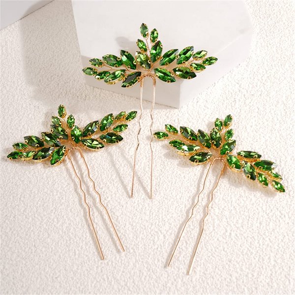 Kercisbeauty 3pcs Emerald Crystal Gold Hair Piece Set Green Rhinestones Hair Pins for Wedding Brides Bridesmaid Women Girls Speical Occasion Jewelry for Updo Hair (Green)
