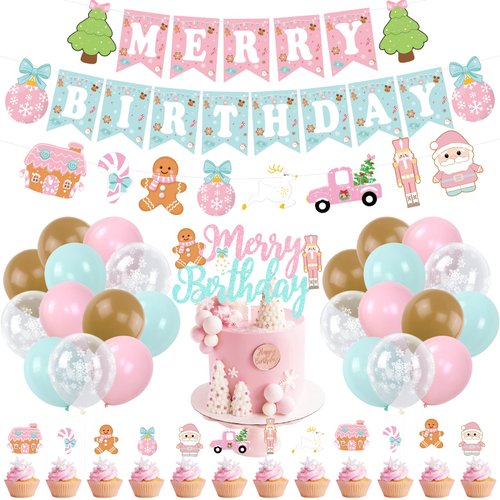 Christmas Birthday Party Decorations, Christmas Gingerbread Man Merry Birthday Party Banner Cake Topper Latex Balloons for Winter Holiday Xmas Theme Boys Girls Birthday Party Supplies