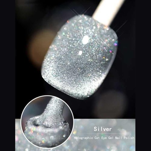 Vonrui Silver Laser Glitter Gel Nail Polish,Silver Holographic Cat Eye Gel Nail Polish Sparkling Glitter Cat Magnetic Eye Gel Polish,Soak Off LED Reflective Gel Nail Polish
