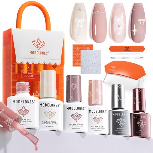 modelones Gel Nail Polish Kit with U V Light, 4 Colors Gel Mini Salon, Base&Top Coat and Stickers, Milky White Nude Pink Glitter Fall Manicure Set, DIY Home Nail Art Decoration Kit, Gift for Women