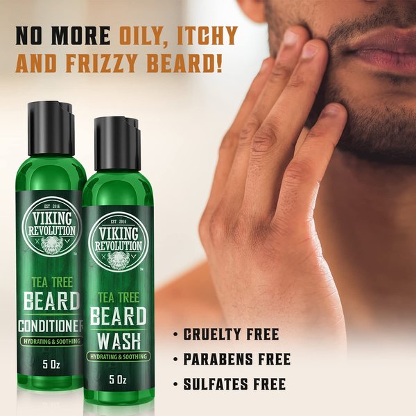 Viking Revolution Tea Tree Oil Beard Wash and Beard Conditioner For Men - Natural Beard Softener Set with Argan Oil, Vitamin E and Ginseng - Tea Tree Beard Shampoo and Conditioner Set (5 Oz)