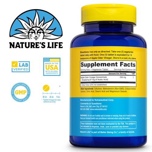 Nature's Life Apple Cider Vinegar 250mg | with 87 mg Acetic Acid (250 VegCaps)