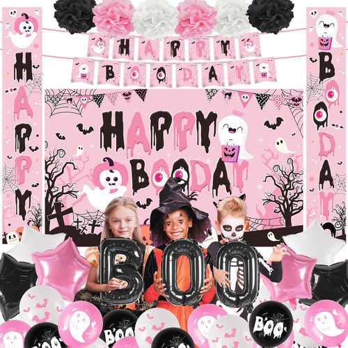 Happy Boo Day Party Decorations Include Halloween Backdrop Banner Porch Sign Balloons Foil Number BOO for Girls Party Supplies