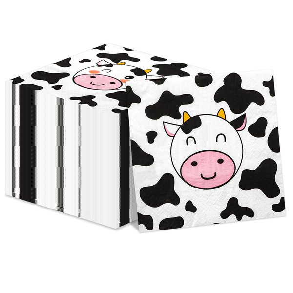 100 Pcs Cow Print Napkins, Cow Party Supplies, Cow Party Table Napkins for Farm Animal Themed Party, Western Theme Kid's Birthday, Baby Shower