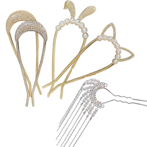 zaoalife 5 Pieces French Hair Pins Vintage Hair Forks, U Shape Hairpin Sparkling Rhinestone Hair Stick Pearl Hairpin Hair Clip,Chinese Tassel Hair Forks