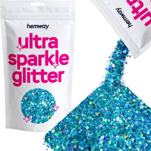 Hemway Turquoise Holographic Mix Glitter Chunky Multi Purpose Dust Powder Arts & Crafts Wine Glass Decoration Weddings Flowers Cosmetic Face Eye Body Nails Skin Hair Festival 100g