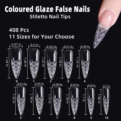 Colored Glaze False Nails Tips Stiletto Trapezoid False Fake Nails Concave Convex Acrylic Long Nails Full Cover Clear Artificial Nails for DIY Nail Art (About 408 Pcs-Stiletto)
