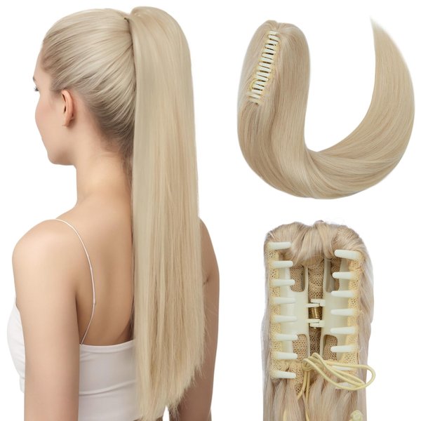 Hairro Claw Clip In Ponytails Extensions 20 Inch 120g #60 Platinum Blonde