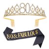 "80 & Fabulous"Sash & Rhinestone Tiara Set, 80th Birthday Gifts for Women, Black Gold Birthday Sash/Tiara for Women's 80th Birthday Party Decoration (Black 80th)