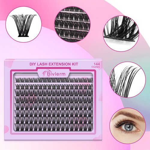 DIY Lash Extension Kit 144pcs Cluster Lashes Individual Eyelash Extension with Super Thin Band 8-16mm Mixed Tray D Curl Soft Fluffy False Eyelashes Natural Look with Glue for Self Application at Home