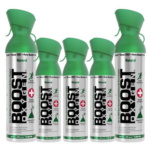 Boost Oxygen 10 Liter Canned Oxygen (2 Pack) and 5 Liter Canned Oxygen (3 Pack) with Built-in Mouthpiece for High Altitudes and Recovery, Flavorless