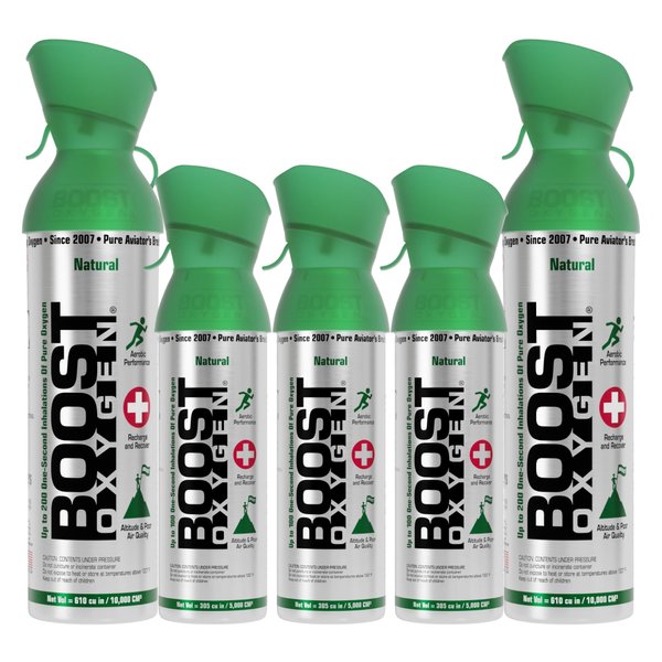 Boost Oxygen 10 Liter Canned Oxygen (2 Pack) and 5 Liter Canned Oxygen (3 Pack) with Built-in Mouthpiece for High Altitudes and Recovery, Flavorless