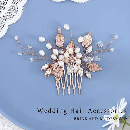 YBSHIN Bride Wedding Pearl Hair Comb Rose Gold Leaf Hair Piece Rhinestone Bridal Hair Accessories for Women and Girls
