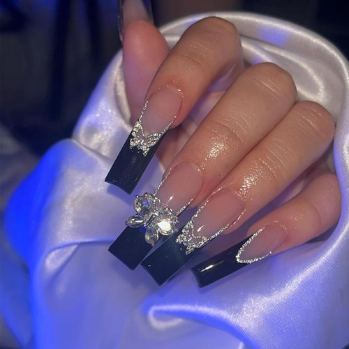 IMSOHOT Long Press on Nails Square Fake Nails Black French Tip Acrylic False Nails with Crystal Butterfly Rhinestone Designs Glitter Full Cover Glossy Glue on Nails for Women 24pcs
