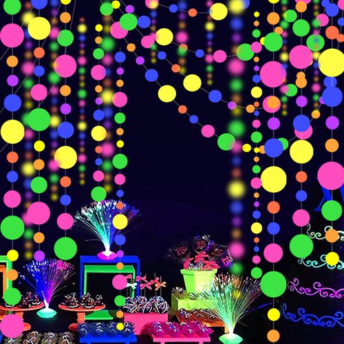 120feet Round Dot UV Neon Garland Hanging Paper Glow in The Dark Neon Glow Party Supplies and Decorations Glow in The Dark Blacklight Reactive Fluorescent Black Light Party Kit for Birthday Wedding
