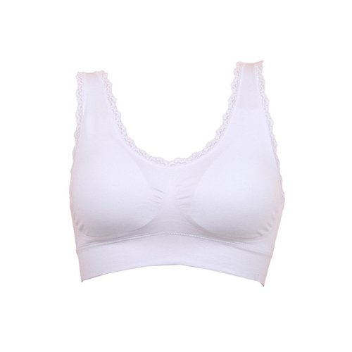 Women's Leisure Sports Sleep Bra Comfort Seamless Stretchy Lace Trim Wirefree White