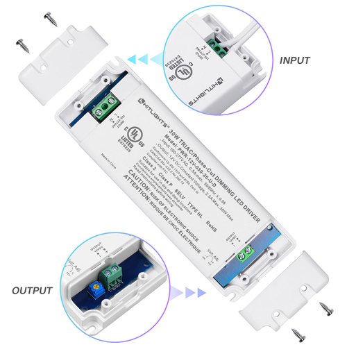 HitLights 30W Dimmable LED Driver, 120V AC to 12V DC, Low Voltage Transformer for Strip Lights, LED Lighting Projects, Compatible with Lutron & Leviton dimmers, ETL Listed (Removable AC Cord Included)