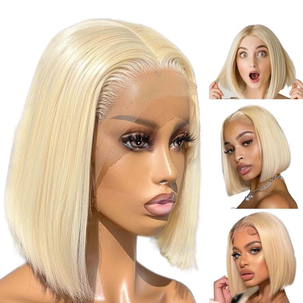 LSXCSM Women Blonde 613 Bob Wig Human Hair Short Pre Plucked 13x4 Lace Front Straight Wigs 14 In