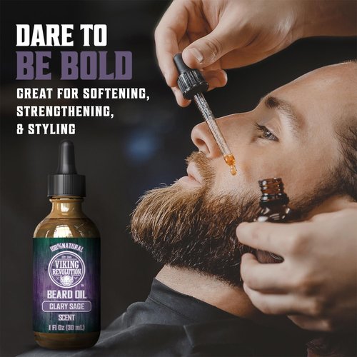 Viking Revolution Clary Sage Beard Oil for Men - Natural Mens Beard Oil with Argan Oil and Jojoba Oil - Beard Softener, Strengthens and Moisturizes - Beard Conditioner for Men (Clary Sage, 1 Pack)