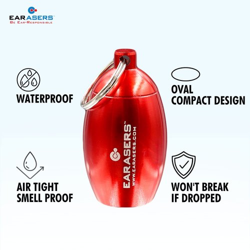 EARasers Earplugs Keychain Carrying Case - Aluminum Waterproof Ear Plugs and Pills Holder (Red)