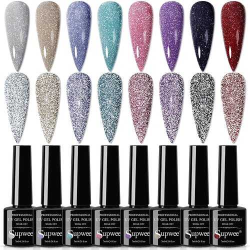 SUPWEE Reflective Gel Polish Set Diamond Glitter Gel Nail Polish Disco Shiny Nail Polish Soak Off UV Gel Manicure Nail Salon Gift Kit 8 Colors 7ml(0.24fl.oz)