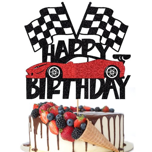 Crseniny Happy Birthday Cake Topper，Race Car Cake Topper, Birthday Sign Transportation Theme Party cake Decorations,Racing Car Checkered Flag Themed Kids Boy Girl Birthday Party Decoration supplies