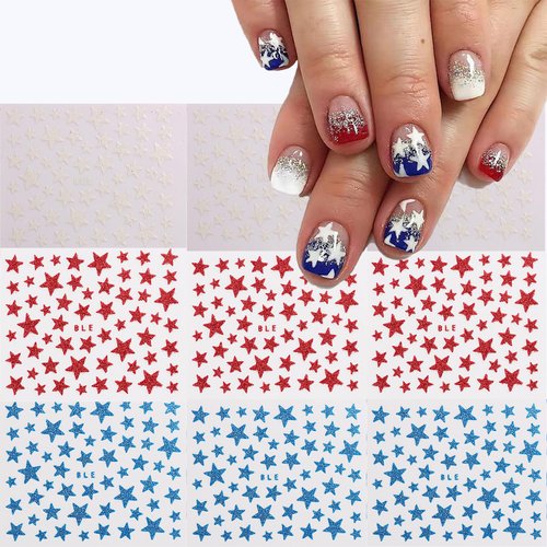 9 Sheets 4th of July Nail Stickers 3D Self-Adhesive Independence Day Nail Decals Accessories with Glitter Star Designs Red Blue Acrylic Nail Supplies for Women and Girls DIY Nail Decorations