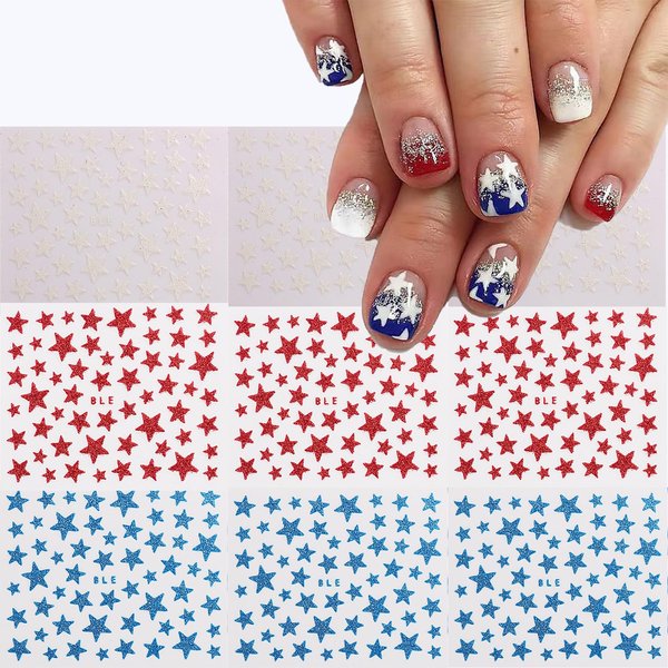 9 Sheets 4th of July Nail Stickers 3D Self-Adhesive Independence Day Nail Decals Accessories with Glitter Star Designs Red Blue Acrylic Nail Supplies for Women and Girls DIY Nail Decorations