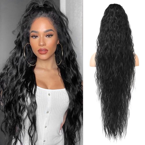 LONAI Ponytail Extension, 34" Black Long Wavy Drawstring Ponytail Extensions, DP001 Softer Lighter 80% Japanese Import Synthetic Clip in Hair Extensions Natural Looking Hairpiece for Women-Black