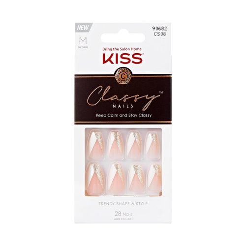 KISS Classy Nails, Press-On Nails, Nail glue included, The BOSS', Silver, Medium Size, Coffin Shape, Includes 28 Nails, 2g Glue, 1 Manicure Stick, 1 Mini file