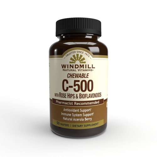 Windmill Natural Vitamins Vitamin C 500 mg, with Rose HIPS and Bioflavonoids, Immune Booster, Antioxidant Support, Chewable Tablets, Acerola Berry, 50 Tablets, 50 Servings