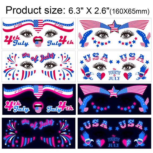 HOWAF 4th of July Glow UV Neon Temporary Tattoos 10 Sheets Independence Day Face Tattoo for USA Patriotic Party Supplies, American Flag Tattoos Stickers Face Art Decoration Red White Blue Tattoos