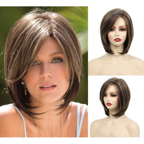 XIUFAXIRUSI XIUFAXIRUSI Brown Bob Wigs for White Women Highlight Short Straight Bob Wig with Side Part Natural Looking Chin Length Synthetic Wig