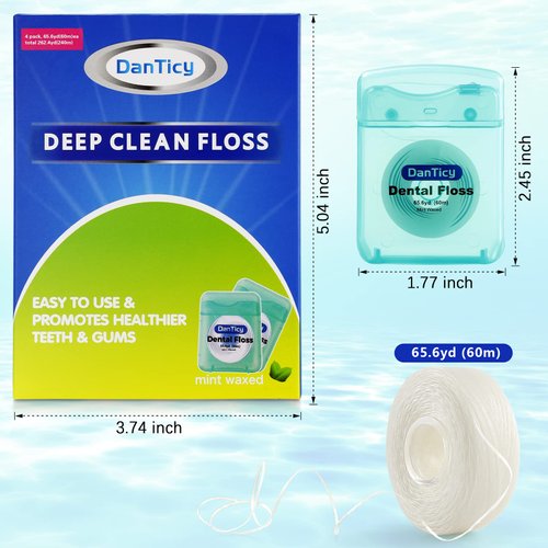 Dental Floss Deep Clean Waxed Floss Extra Wide Cleaning Slides Smoothly & Easily Perfect for Individuals with Tight & Small Gaps Between Teeth PFAS Free | Mint Flavored 66Yards x 4 Pack 360D
