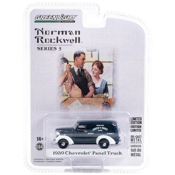 1939 Chevy Panel Truck Dark Blue with White Fenders Grocery & Market Delivery Norman Rockwell Series 5 1/64 Diecast Model Car by Greenlight 54080A