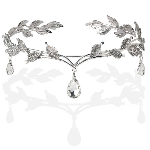 DS Rhinestone Wedding Tiara Crown for Brides, Goddess elf Princess Fairy Crystal Pendent Headband Leaf Cosplay Crown for women girls Hair Accessory for Brides Pageant Wedding Prom Birthday-Silver 2