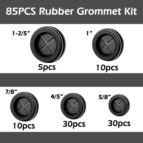 85PCS Rubber Grommet Kit 5 Sizes Double Sided Round Electrical Wire Gaskets Cable Protection Firewall Hole Drill Hole Synthetic Rubber Plug Assortment Set for Automotive, Plumbing, PC Hardware, Piano