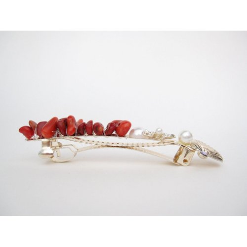 Generic Long slim gold metal red stone seashell starfish pearl crystal hair clip