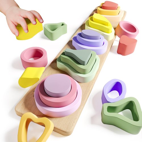 Symdiro Montessori Toys for 1 2 3 Year Old Boys Girls - Wooden Sorting & Stacking Toys for Kids - Toddler Toys Age 1-3 - Shape Sorter and Color Stacker Preschool Kids Gifts