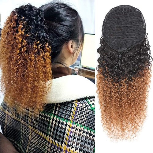 Feelgrace 22" Long Curly Ponytail Hair Extension Drawstring Kinky Curly Pony Tail Hair Piece for Black Women Girls Quality Real Human Hair Clip in Ponytail Hair
