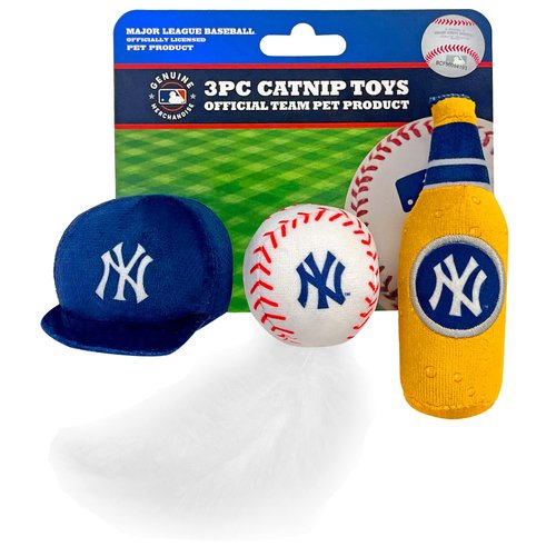 BEST PLUSH CAT TOY - MLB NEW YORK YANKEES Complete Set of 3 piece Cat Toys filled with Fresh Catnip. Incl: 1 Baseball Cap Cat Toy, 1 Baseball Cat Toy with Feathers & 1 Beer Bottle. Beautiful Team LOGO