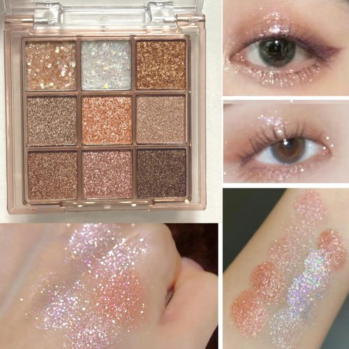Okerker 9 Colors Glitter Shimmer Eyeshadow Makeup Palette, Korean Natural Neutral Eye shadow Palettes Highly Pigmented Long Lasting Waterproof Blendable sombras para ojos Pink White Golden Brown