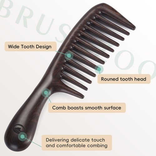 BRUSHZOO Wide Tooth Wooden Comb for Women, Men - Curly, Thick, Long Hair Detangling and Scalp Massager for Hair Growth