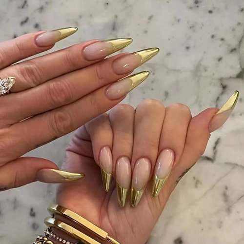 MISUD Medium Almond Press on Nails Stiletto Fake Nails Glossy Glue on Nails Elegant Artificial Acrylic Nails Gold French Tip Stick on False Nails with Design 24 pcs